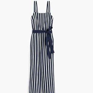 JCrew Jumpsuit Navy Blue White Striped Knit Cropped Wide Leg with Pockets